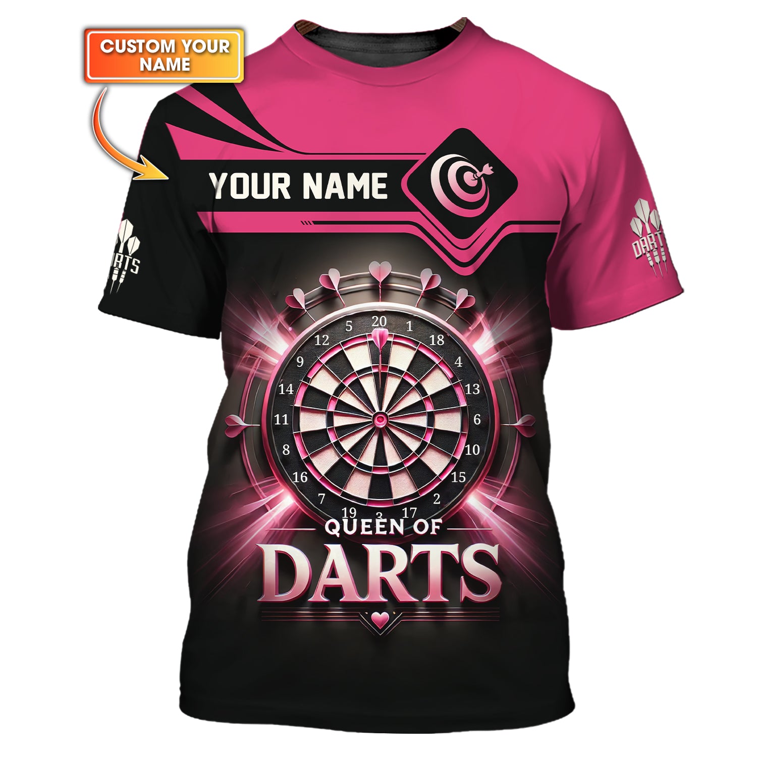 Queen Of Darts Pink Custom Name 3D T-Shirt, Polo Shirt For Darts Player, Darts Shirts, Gift For Darts Lovers