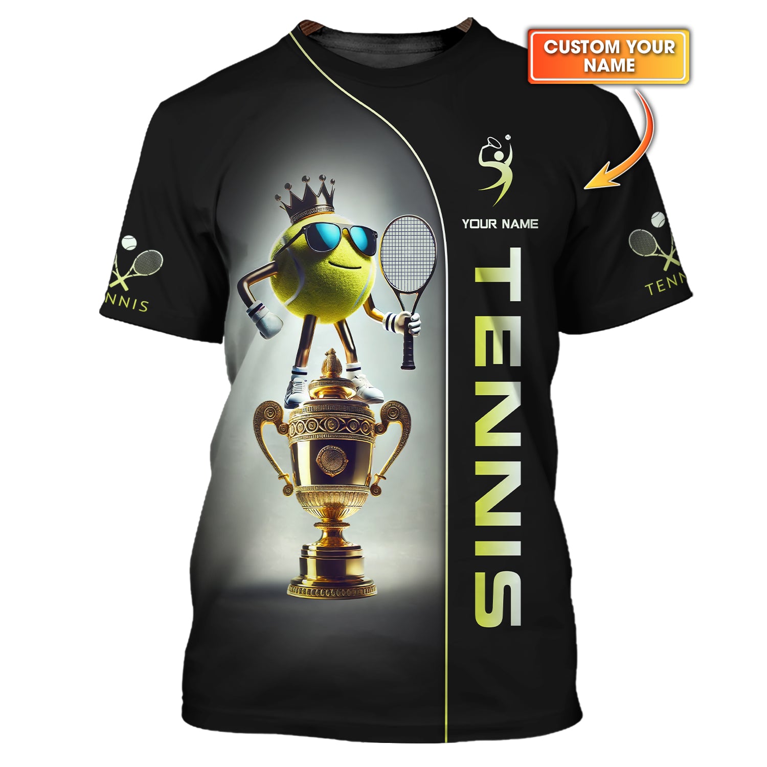 Custom Black & Neon Yellow Tennis Polo – Funny Trophy King Ball Design – Personalized Champion Shirt for Tennis Players & Fans