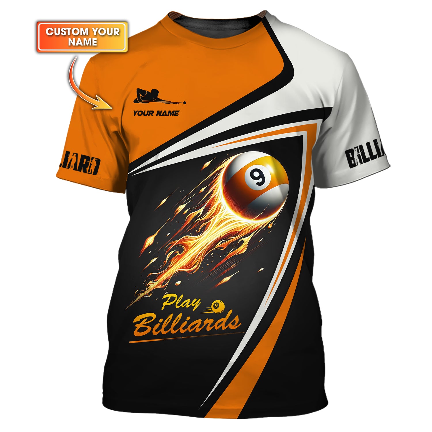 Orange Play Billiards Flaming 9-Ball 3D Effect Custom T-Shirt, Billiards Pool Shirts, Gift For Billiards Players