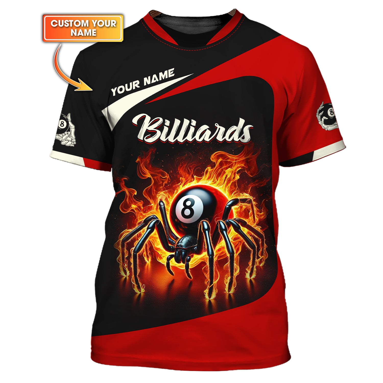 Custom 8-Ball Spider On Fire 3D Effect T-Shirt, Billiards Polo Shirt, Gift For Billiards Players