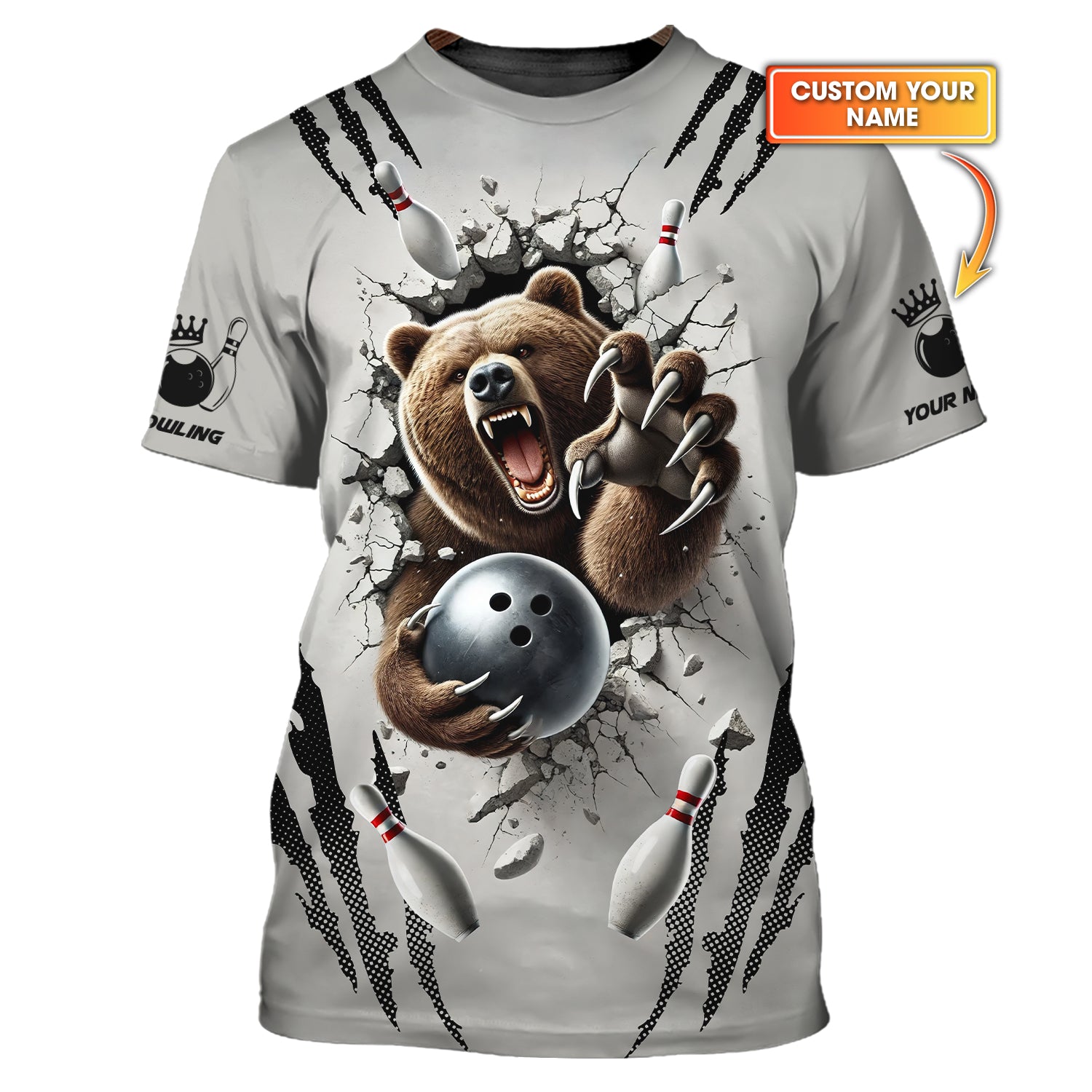 Custom Bear Bursting with Cracked Effect T Shirt, 3D Bowling Pin & Ball Design, Bowling Presents