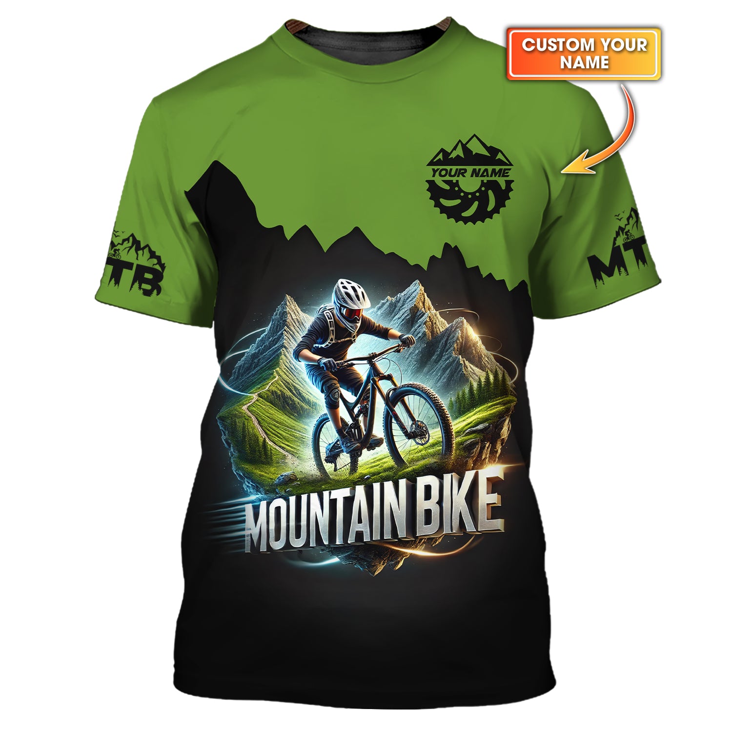 Green Speed Mountain Bike 3D T-Shirt Custom Name, Mountain Bike Polo Shirt, Lightweight Sportswear, Personalized MTB Apparel, Gift for Cyclists