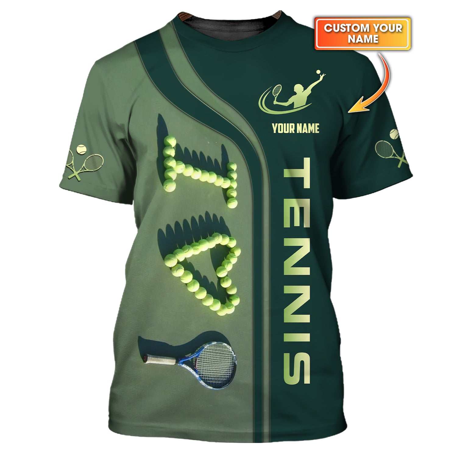 Custom Green Tennis Shirt – ‘I Love Tennis’ Design Made with Balls – Personalized Athletic Tee for Tennis Fans & Players