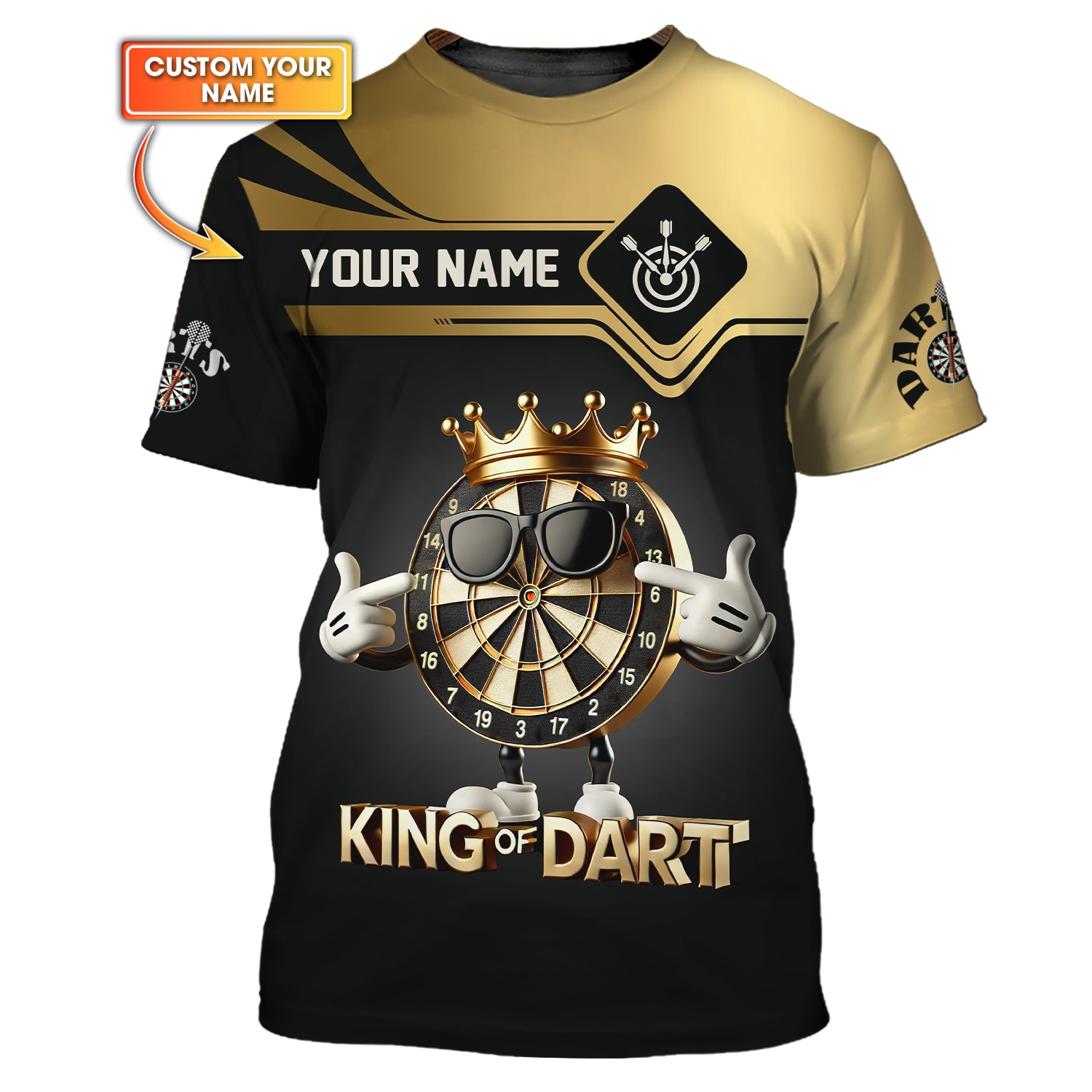 Custom Name King of Darts T Shirt, Gold and Black Cool Dartboard, Gift For Darts Lovers