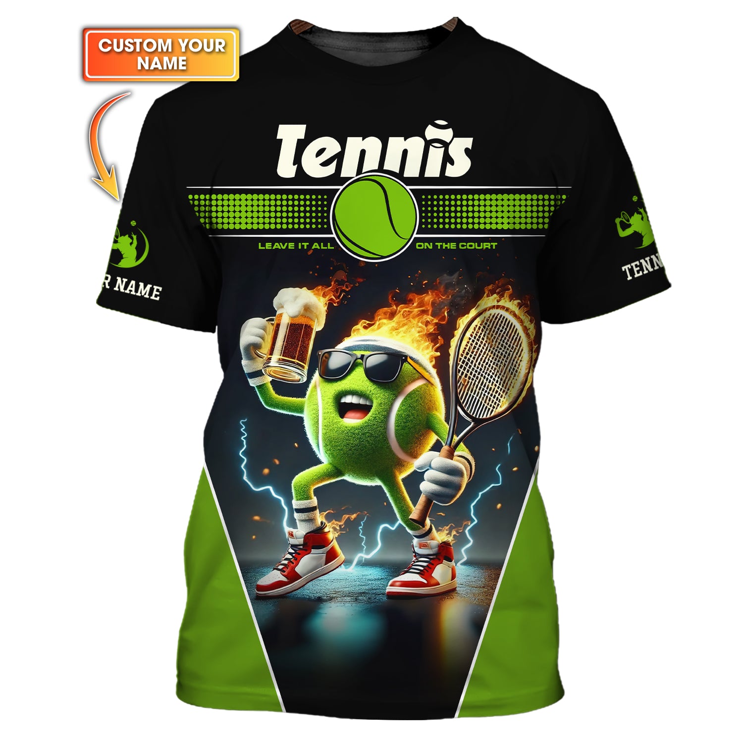 Leave It All On The Court Tennis Ball with Beer Fun Flaming T Shirt, Gift for Tennis Players
