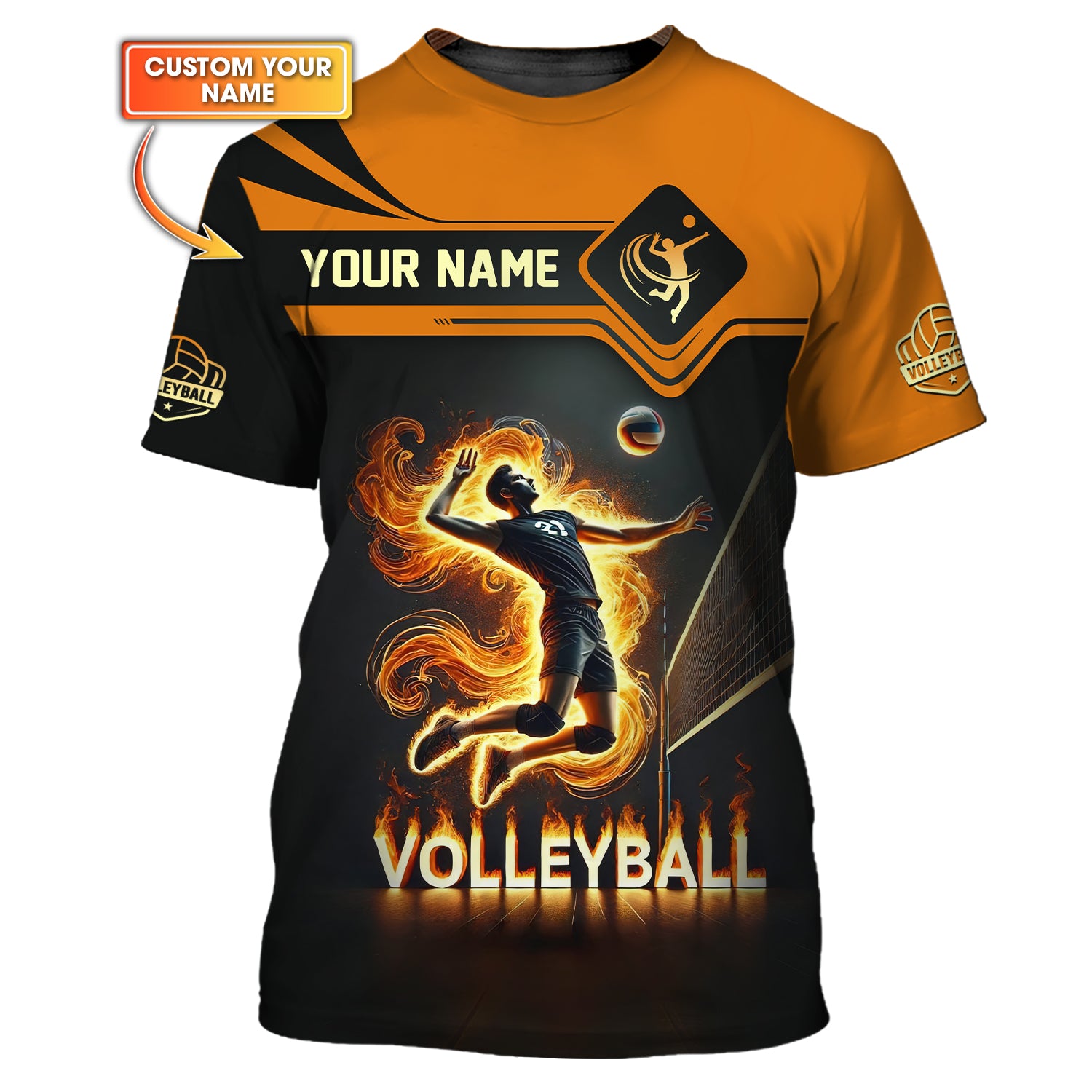 Orange Flames Male Athlete Volleyball Custom Name T-Shirt, Personalized Volleyball Jerseys, Volleyball Gift