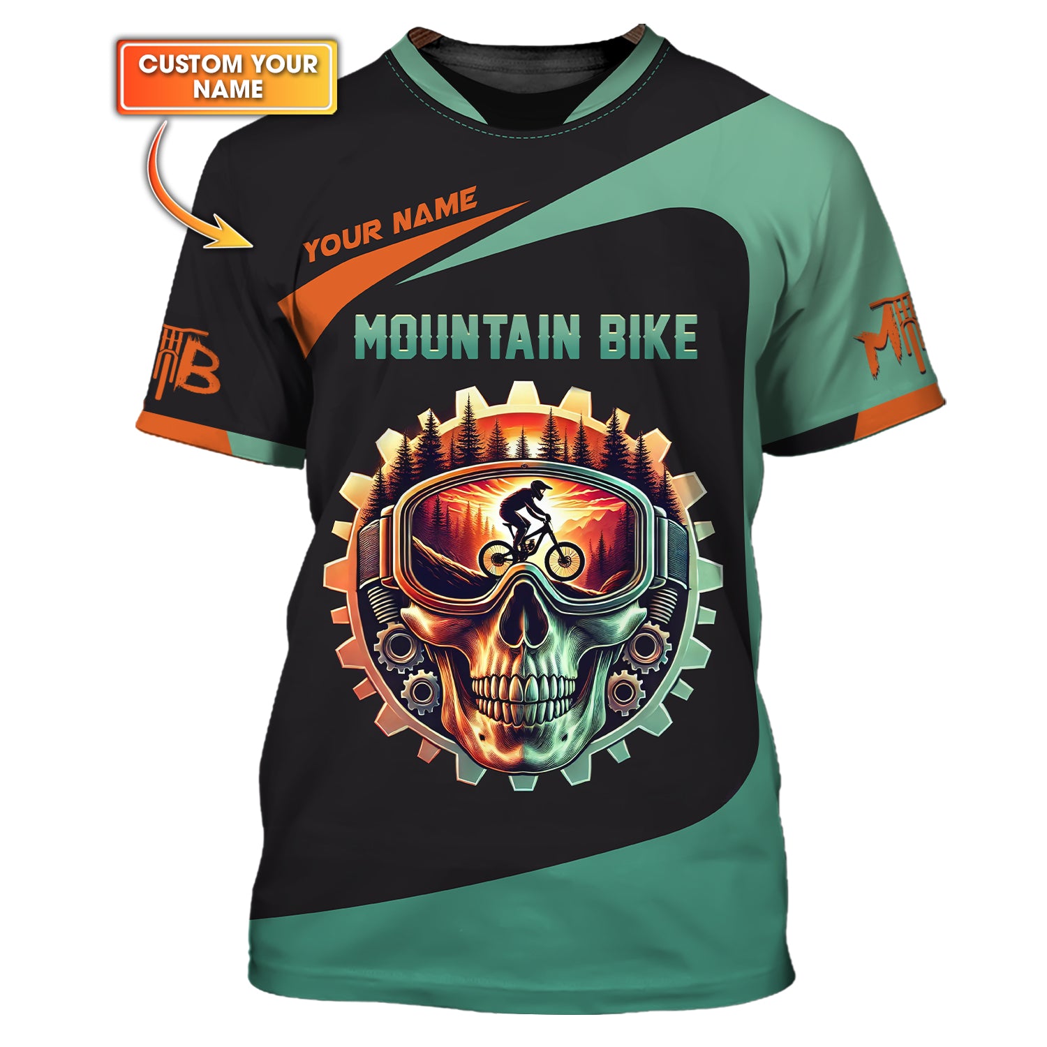 Custom Name Mountain Bike 3D T-Shirt With Skullcap Design, Lightweight Sportswear, Personalized MTB Apparel, Gift for Cyclists
