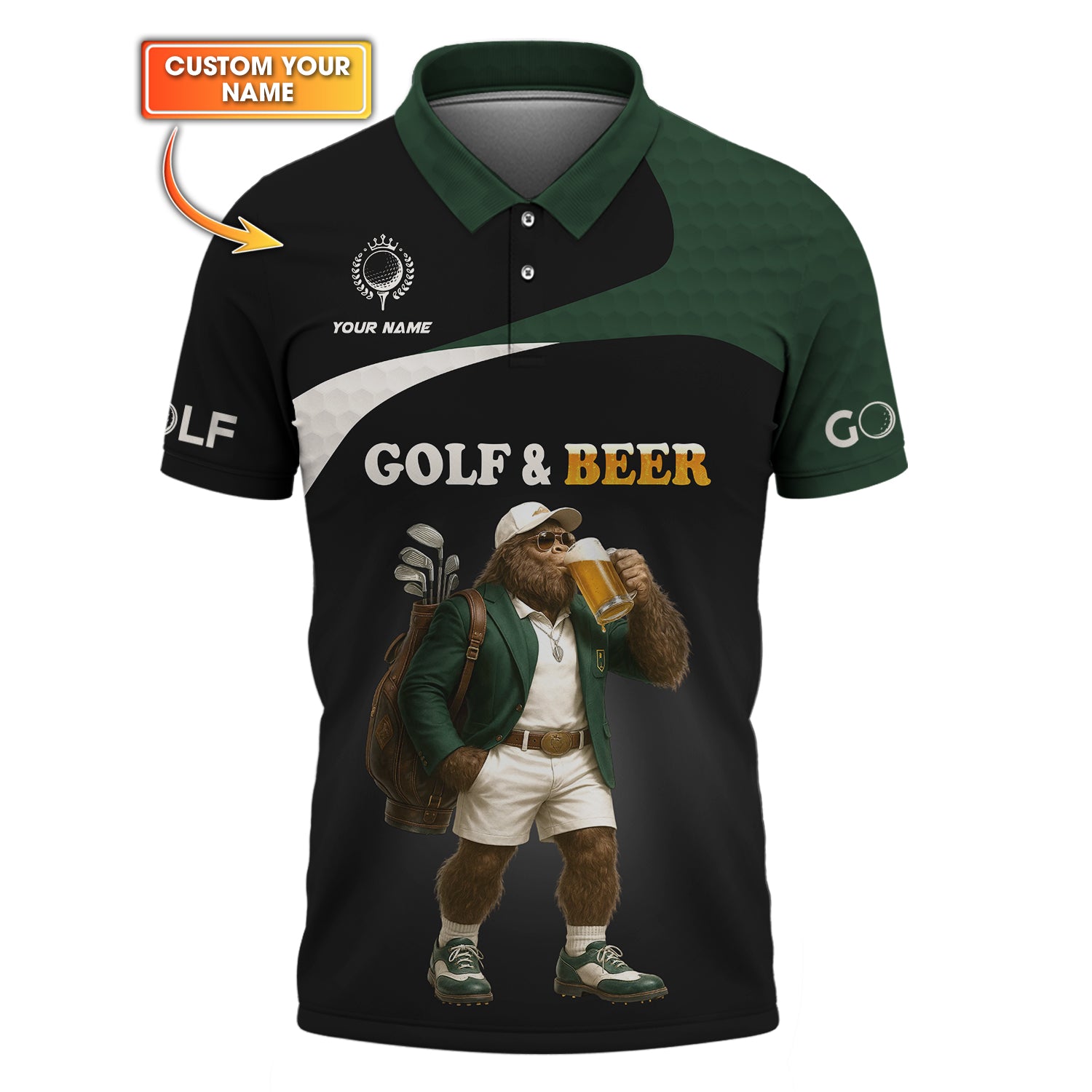 Bigfoot Golf Custom Name Polo Shirt – Beer and Golf Design – Funny Gift for Golfers