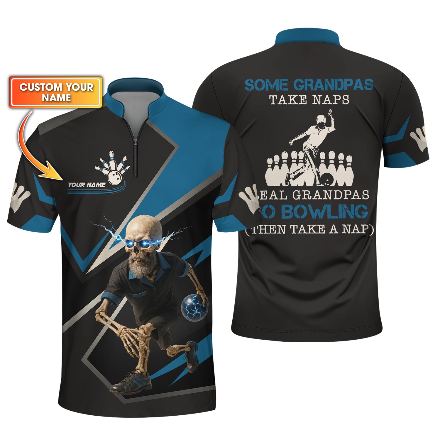 Skull Old Man Storm Bowling Shirts for Dad and Grandpa, Bowling Jersey Dad Gifts
