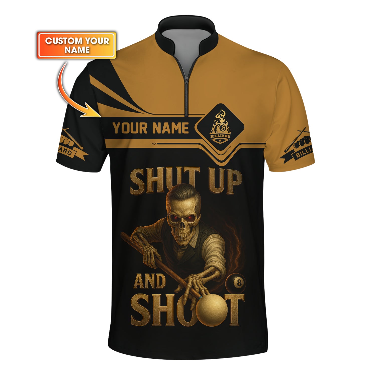 Custom Billiard Shirt – Grim Reaper Skeleton Design – Shut Up and Shoot Pool Tee