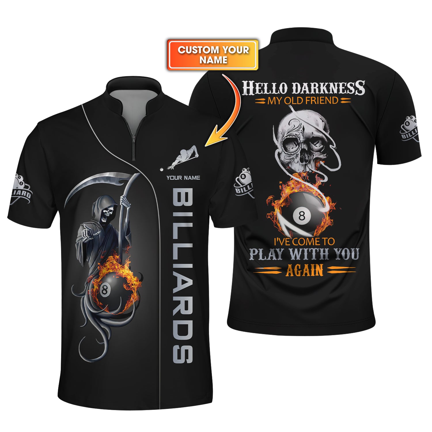 Custom Billiards Jersey, 8 Ball Pool T Shirt Grim Reaper Hello Darkness My Old Friend, Gift For Billiards Player