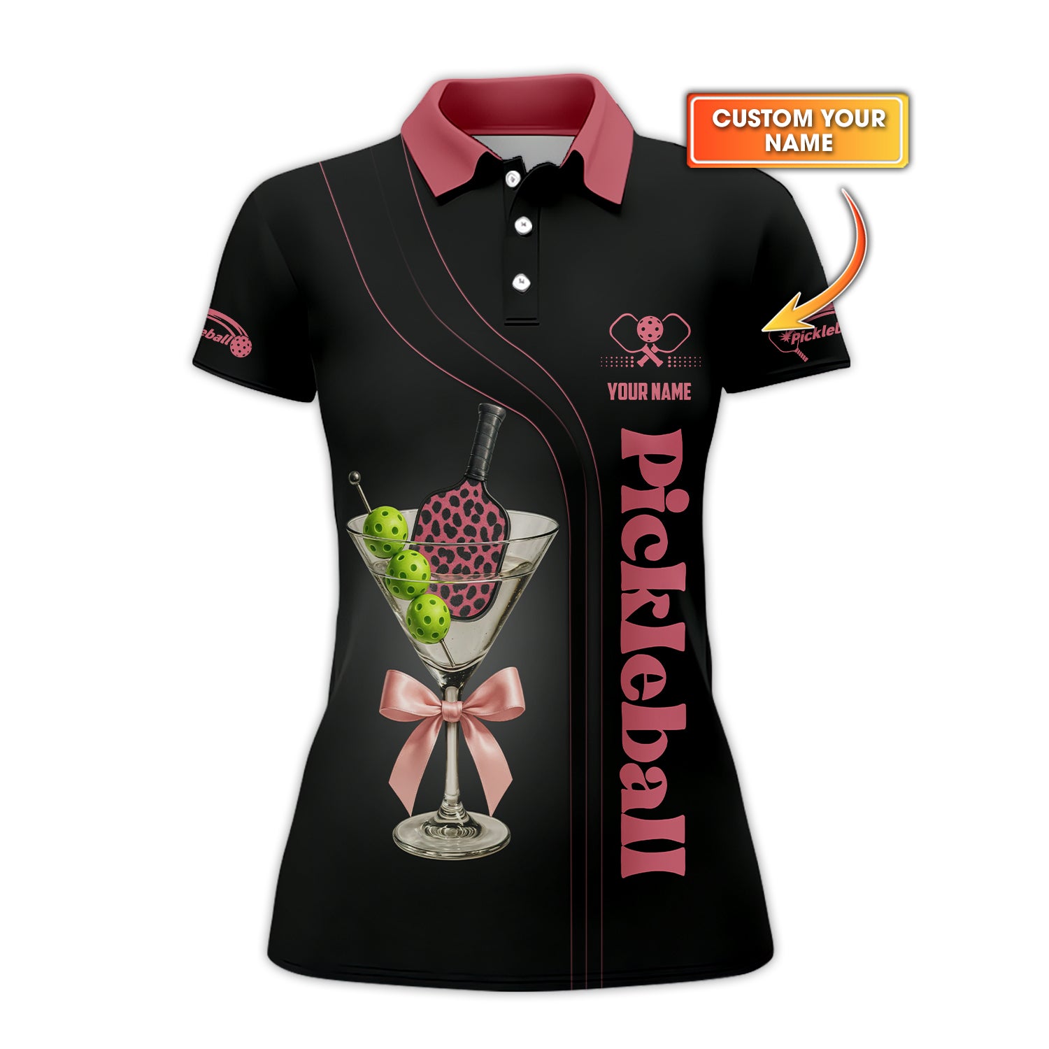 Personalized Name Women's Pickleball Outfits, Martini Glass With Paddle And Balls Polos, Pickleball Custom Name Shirts