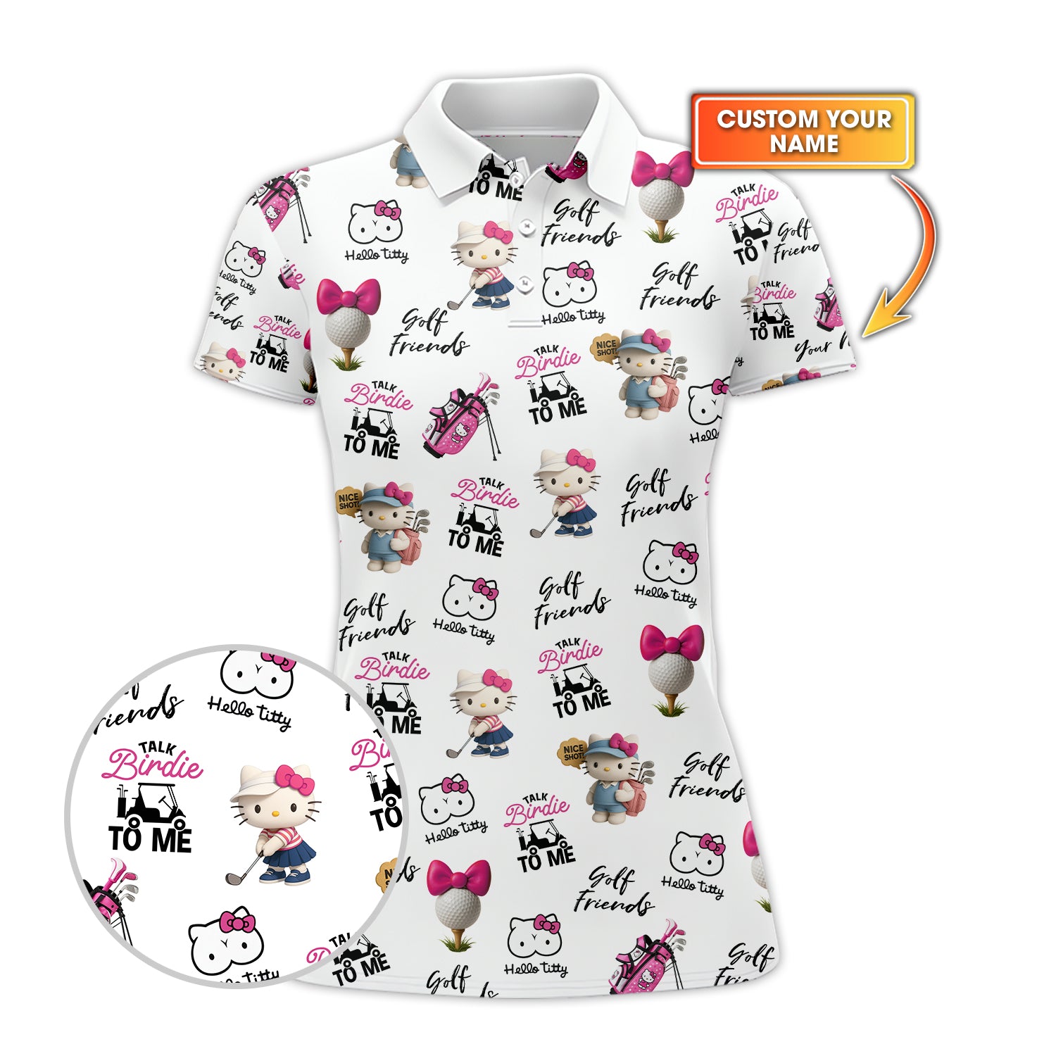 Hello Kitty Pattern Golf Shirt, Talk Birdie To Me Custom Womens Golf Polo Shirt, Gift For Golf Friend