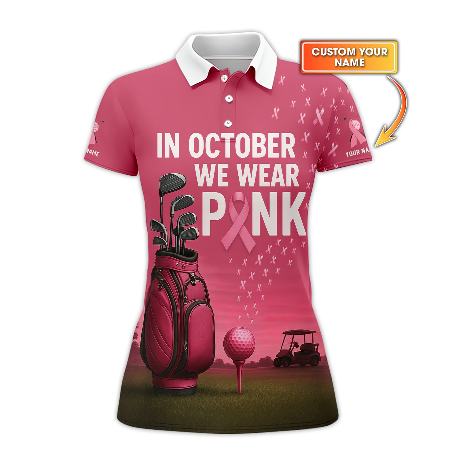 Personalized Breast Cancer Golf Shirt, In October We Wear Pink Shirt With Custom Name, Pink Golf Shirt For Golfer
