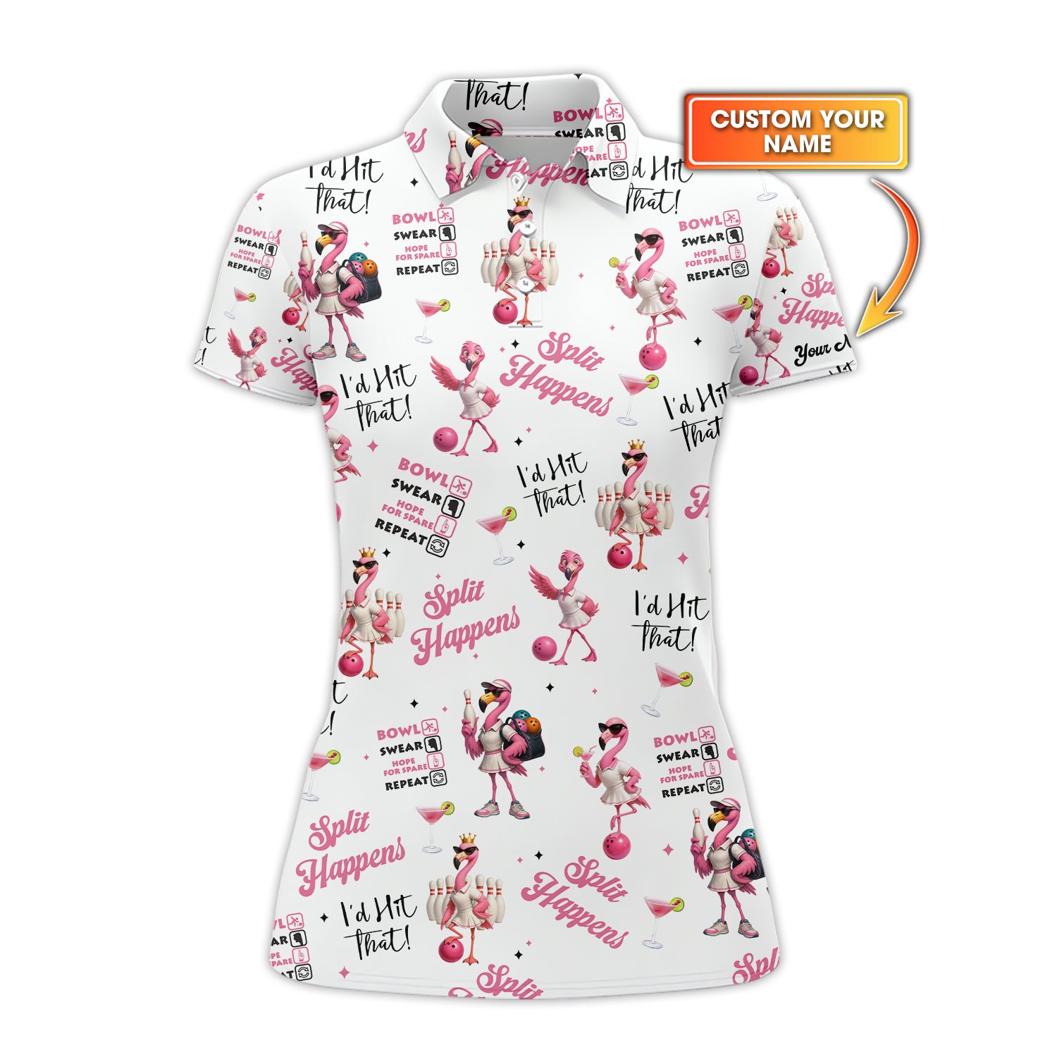 Custom Flamingo Bowling Polo Shirt – Pink Cocktail Design – Women's Funny Bowling Top