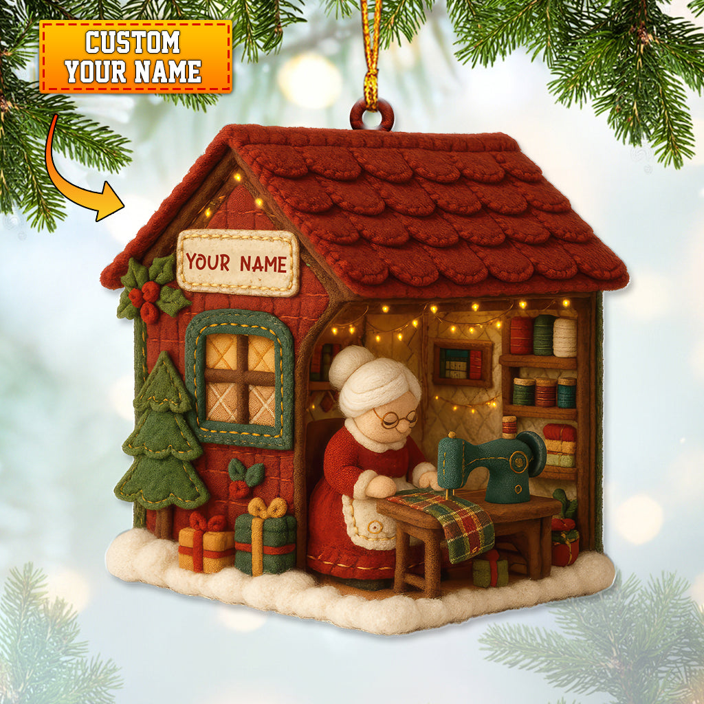Grandma Sewing Christmas House Ornament, Cozy Handmade Workshop Holiday Decor, Personalized Xmas Gift for Quilters