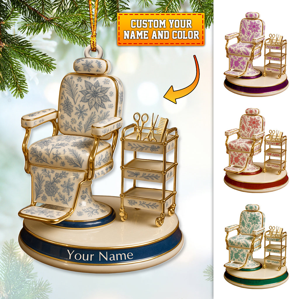 Personalized Barber Chair Christmas Ornament – Toile De Jouy Salon Chair Design – Custom Name Hair Stylist Holiday Decor – Xmas Gift for Barbers and Hairdressers