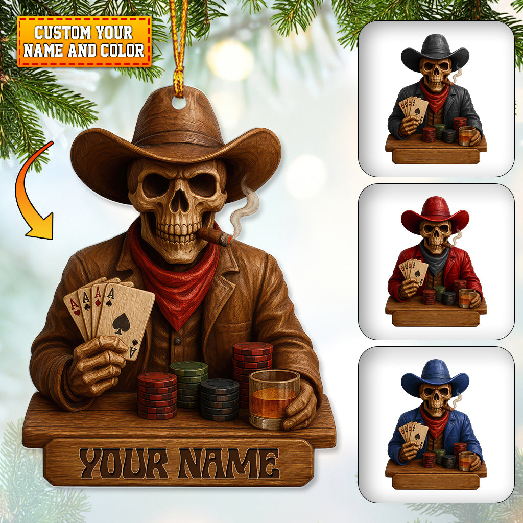 Personalized Cowboy Skull Poker Ornament, Custom Name Western Gambler Christmas Decor, Skeleton Card Player Gift for Poker Lovers