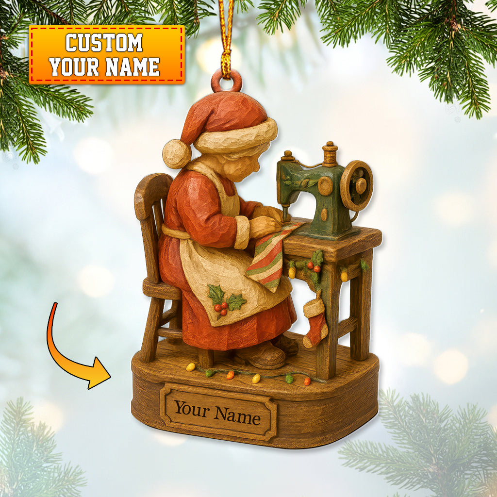 Personalized Sewing Santa Ornament, Custom Name Christmas Decor, Vintage Sewing Machine Holiday Gift for Quilters