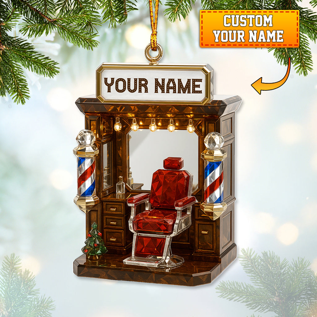 Personalized Barber Shop Christmas Ornament – Custom Name Barbershop Chair Holiday Decor – Unique Xmas Gift for Barbers & Hair Stylists