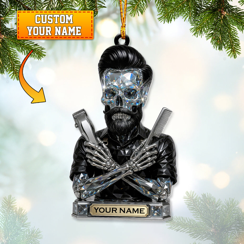 Personalized Skull Barber Christmas Ornament – Custom Name Barber Ornament for Hairdressers – Crystal Skull Barber Decor Gift for Stylists & Barbers