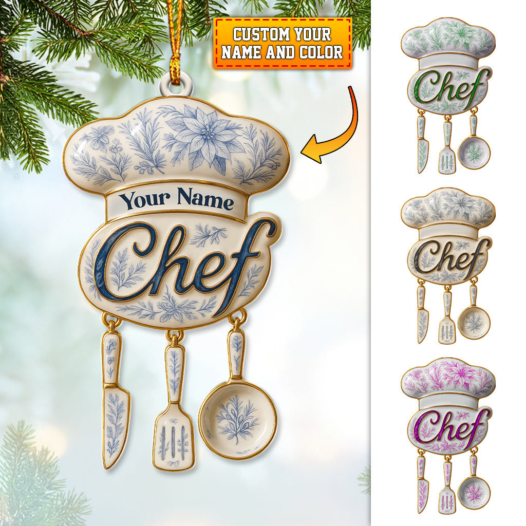 Personalized Chef Christmas Ornament, Toile De Jouy Kitchen Utensil Ornament, Custom Name Chef Holiday Decor, Gift for Cooks & Culinary Lovers