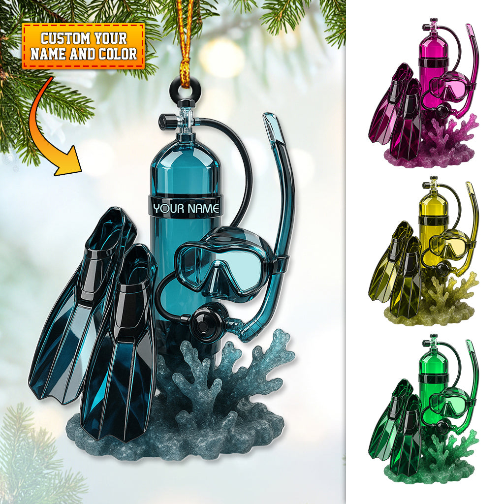 Personalized Scuba Diving Christmas Ornament – Custom Name Snorkel & Dive Gear Holiday Decor – Unique Ocean Diver Tree Ornament Gift