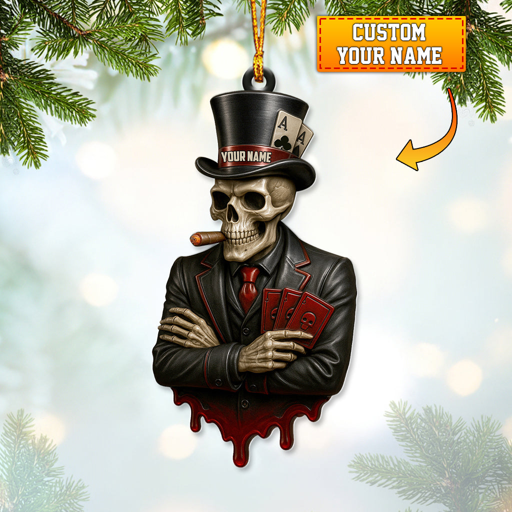Personalized Skull Poker Christmas Ornament – Custom Name Cigar Card Player Decor – Gothic Casino Holiday Gift for Poker Lovers