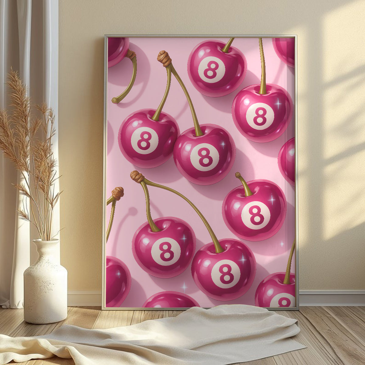 Pink Cherry 8 Ball Wall Art For Game Room, Funny Billiards Poster, Billiards Canvas For Pool Players