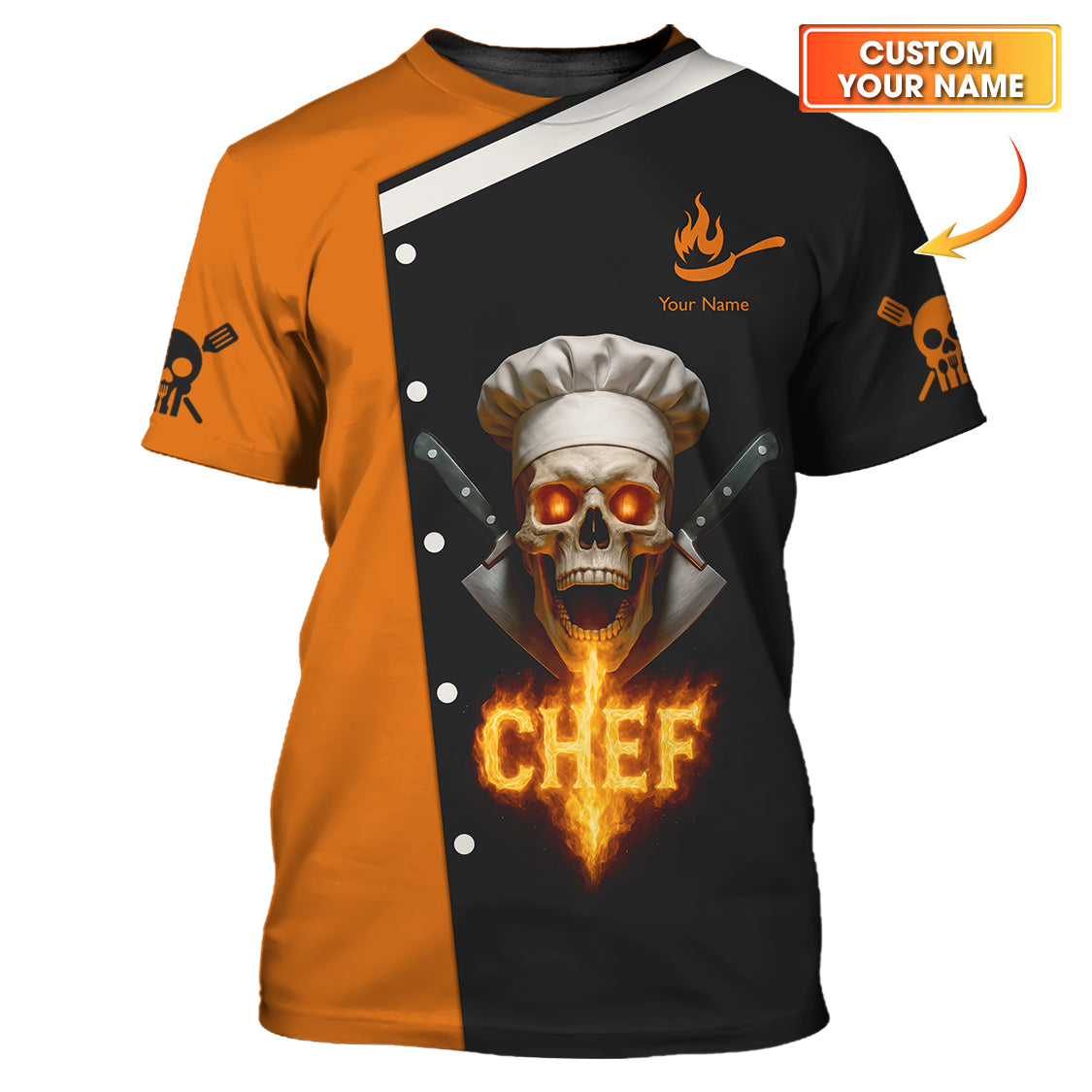 Skull Chef Uniform, Custom Name Flaming Skeleton Chef Shirt For Cooking Lovers