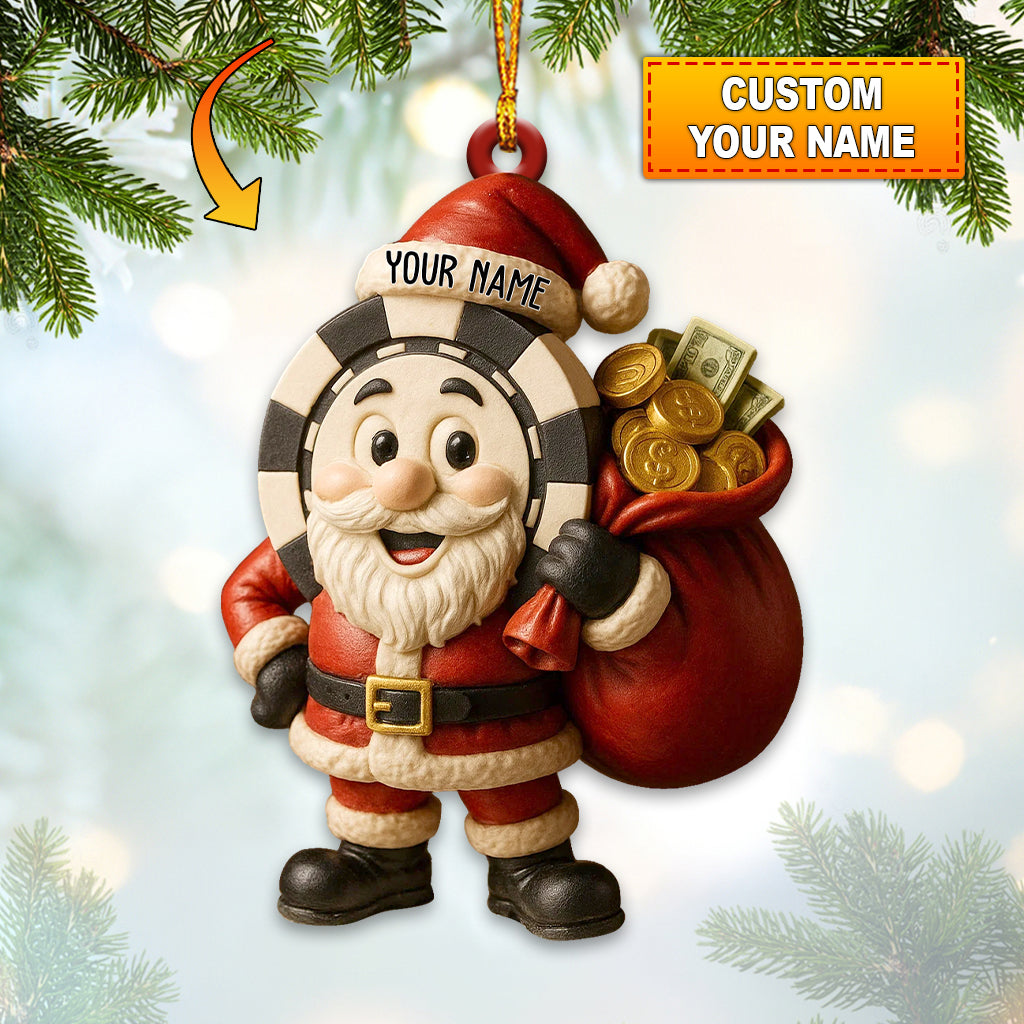 Personalized Poker Santa Ornament – Custom Name Christmas Ornament, Funny Santa Casino Gift for Men, Poker Chip and Money Bag Xmas Tree Decoration