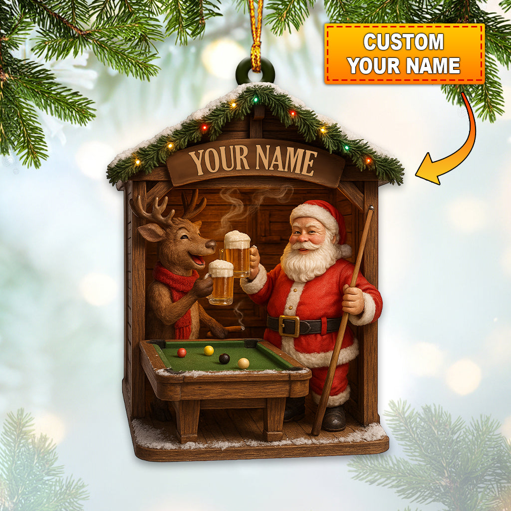 Custom Name Santa Playing Pool Ornament – Personalized Billiards Christmas Ornament, Funny Santa and Reindeer Beer Gift, Bar Game Xmas Decor for Men