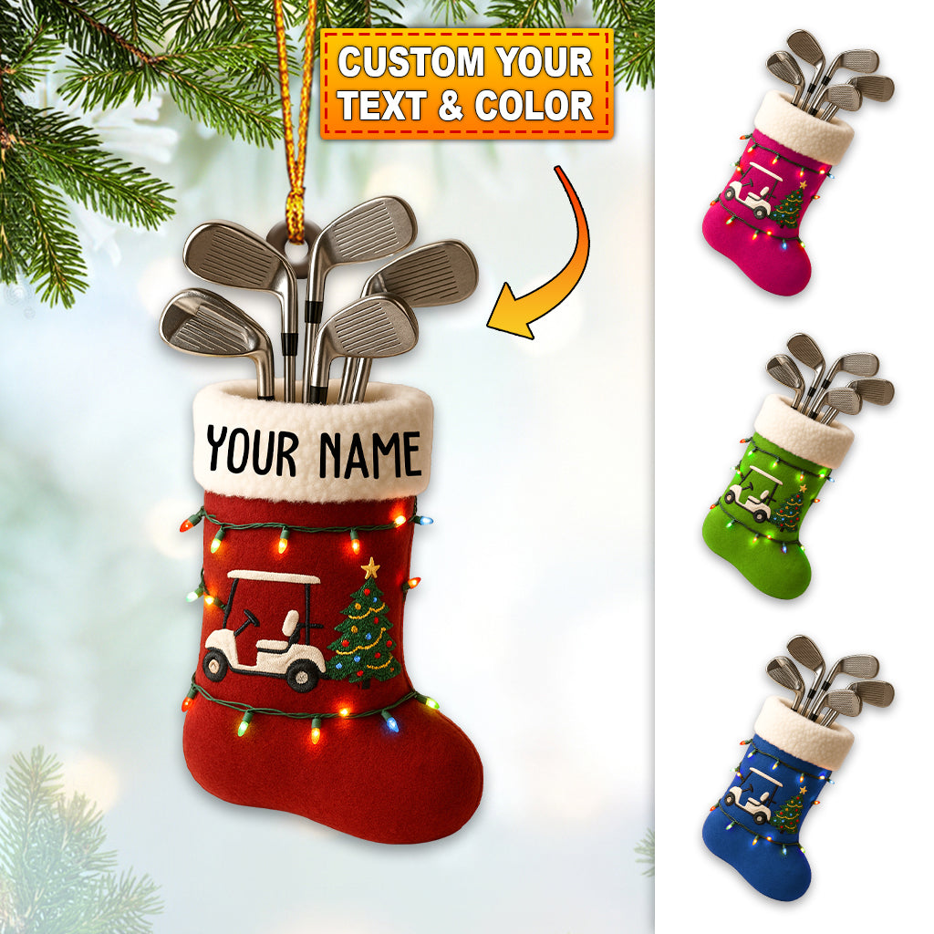 Custom Name Golf Stocking Ornament – Personalized Christmas Ornament for Golf Lovers, Funny Golfer Gift for Men, Golf Cart and Clubs Xmas Decor