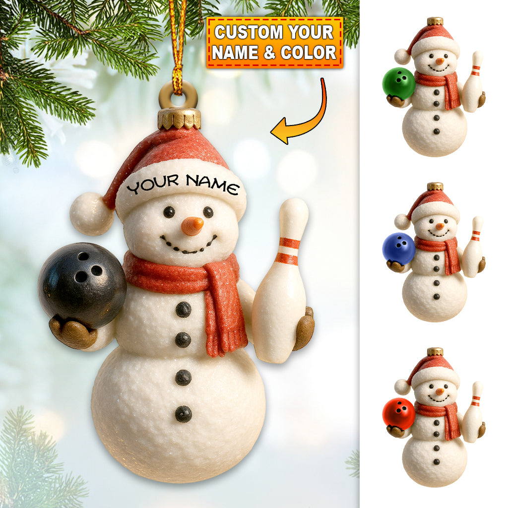 Personalized Bowling Snowman Ornament – Custom Name Christmas Ornament, Funny Bowling Gift for Men, Snowman and Bowling Ball Xmas Tree Decoration
