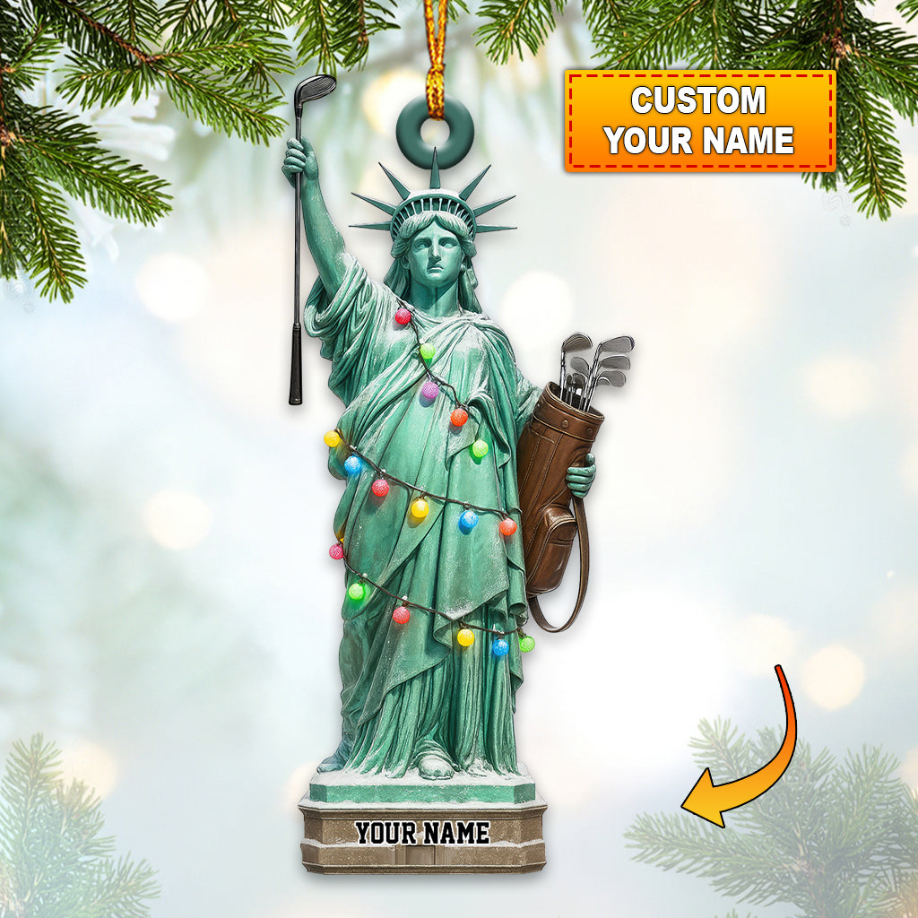 Custom Name Statue of Liberty Golf Christmas Ornament, Lady Liberty Golfer Holiday Decor, Personalized Golf Gift For Golfer