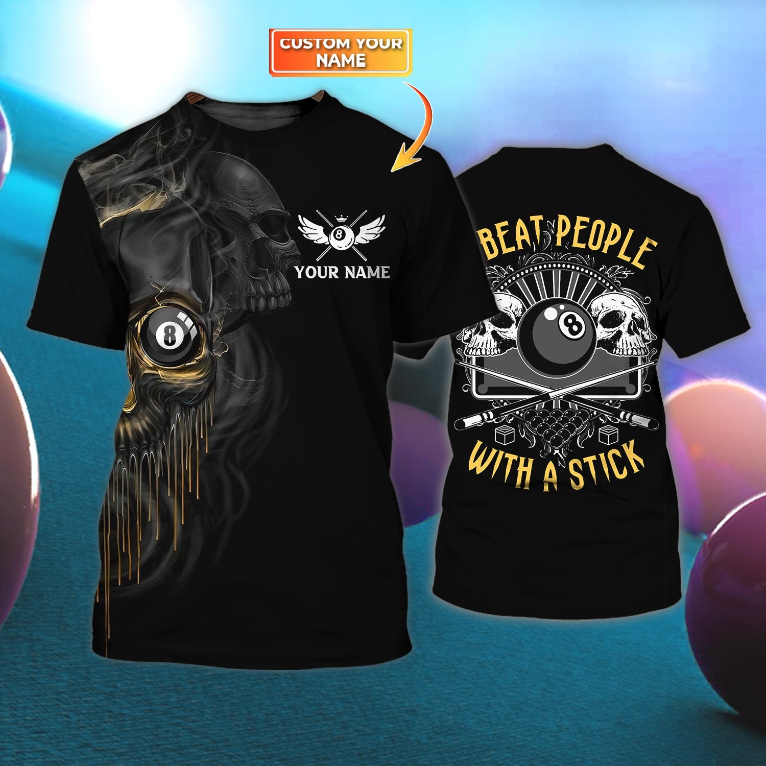 I Beat People With a Stick Personalized Name 3D Tshirt For Billiard Player