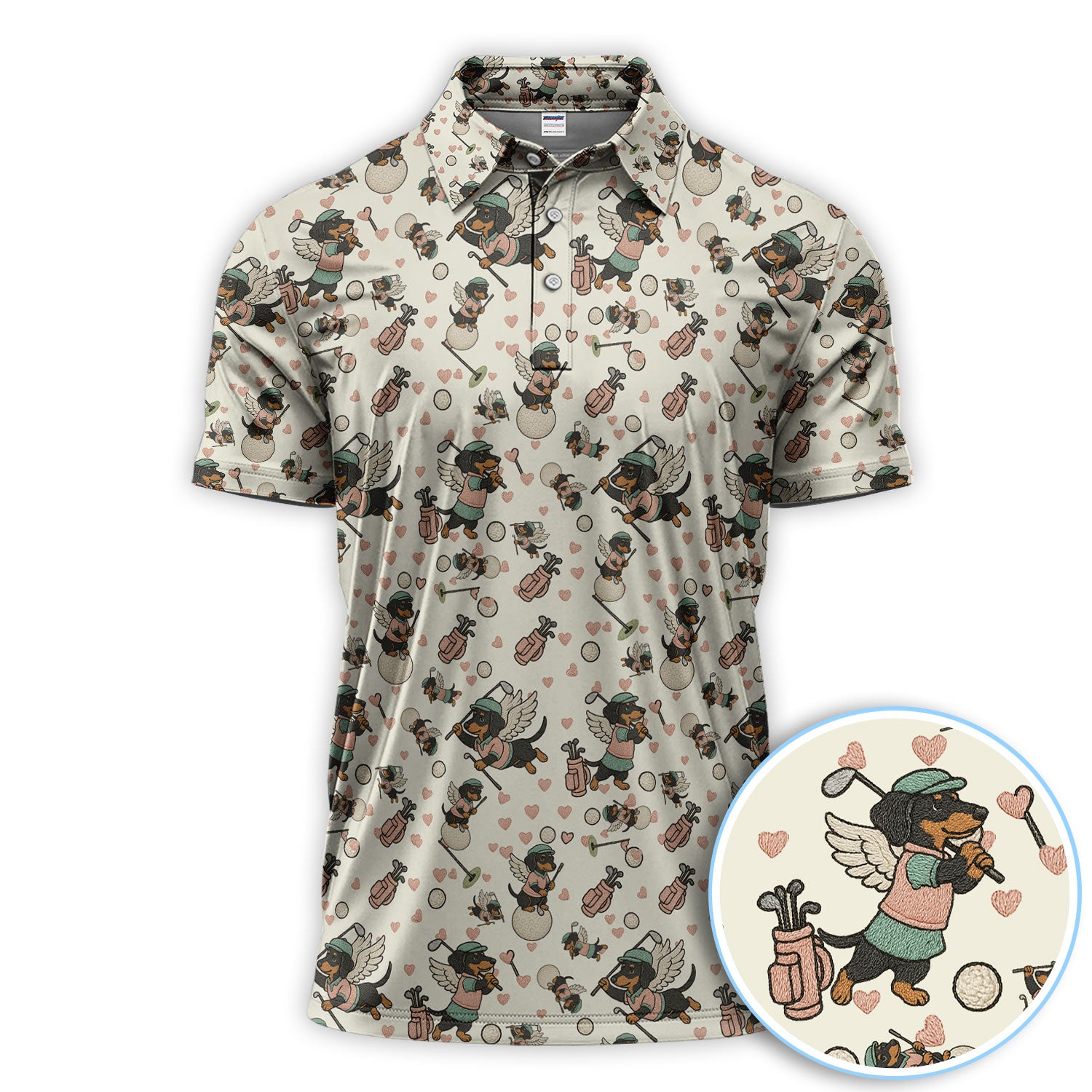 Angel Dachshund Golf Polos, Funny Wiener Dog Golf Pattern Gift For Men, Golf Gift For Golfer