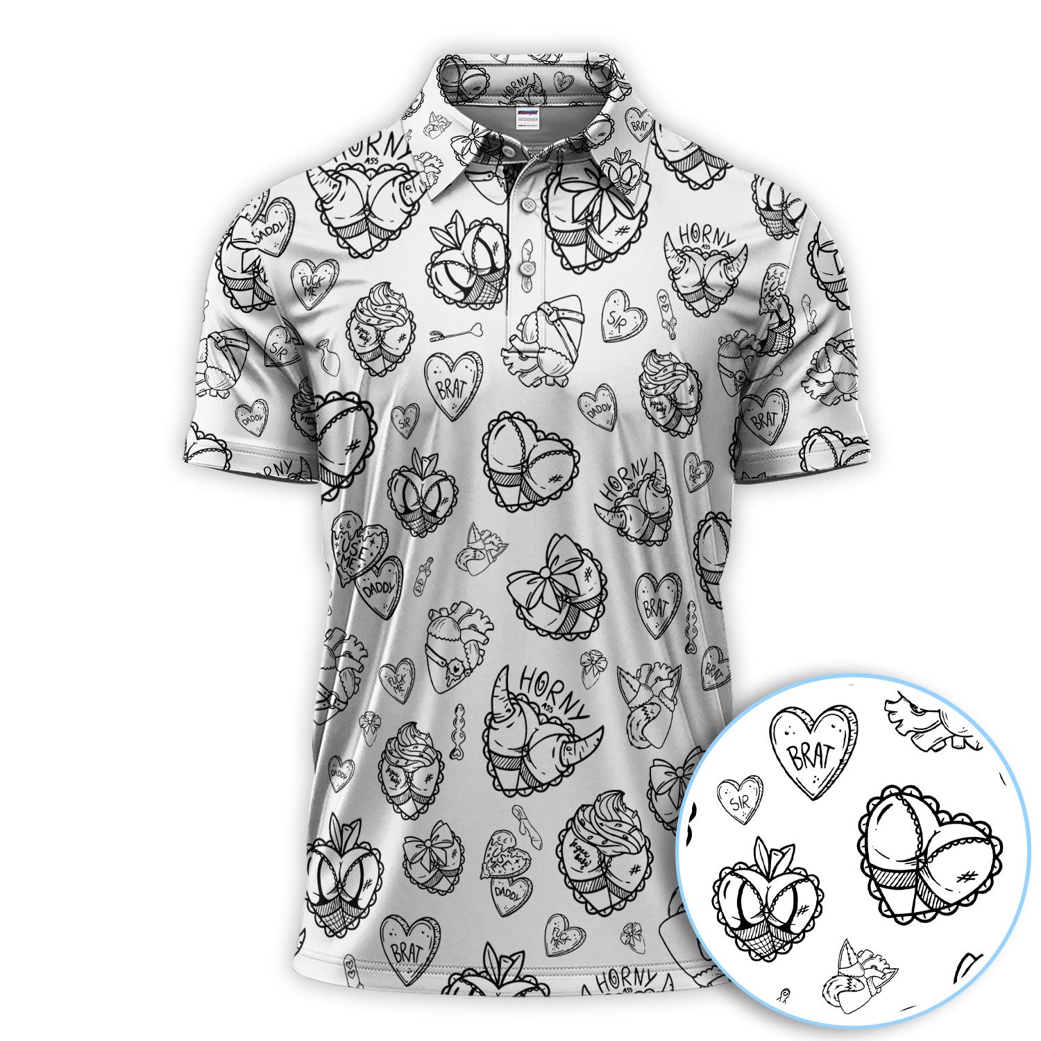 Horny Brat Sketch Pattern Polos, Funny Golf Shirt For Men, Golf Gift For Golfer