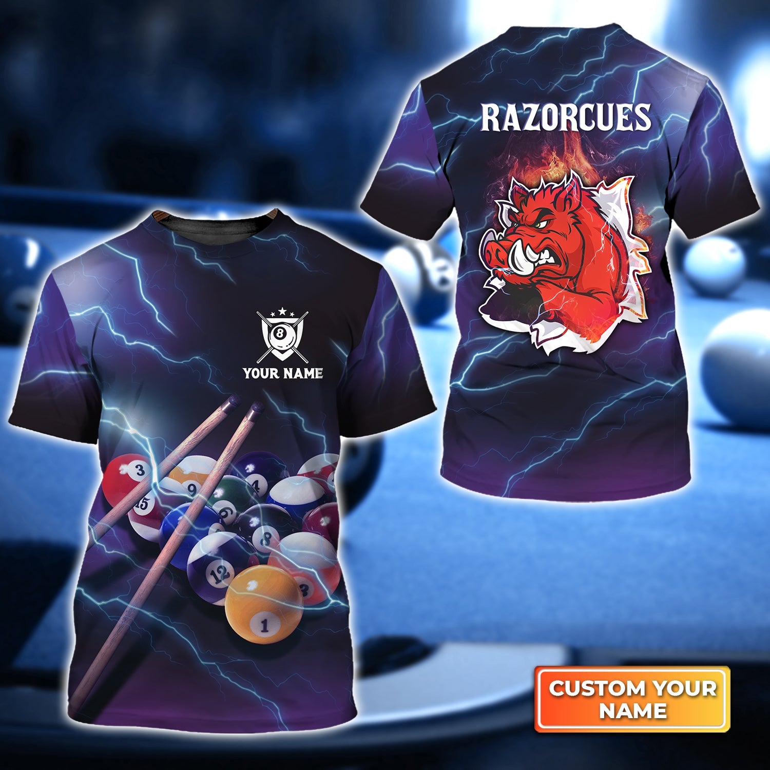 RAZORCUES Billiard Pool 8 Ball Personalized Name 3D Tshirt Gift For Billiard Players