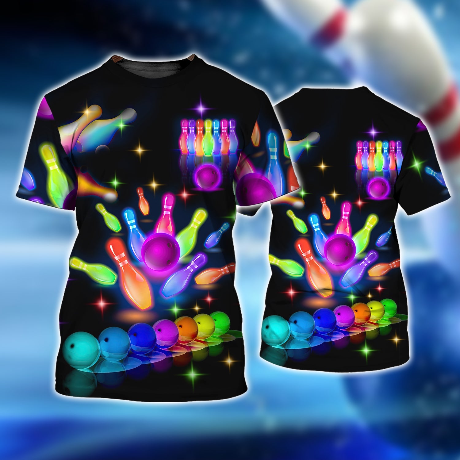 Bowling Party Neon with Purple Balls and White Pins on the Bright Pink 3D Tshirt