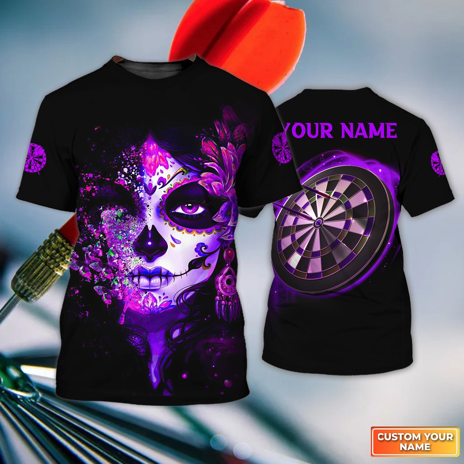 Sugar Skull Girl Butterfly Personalized Name 3D Sugar Skull And Darts Tshirt For Dart Team Player