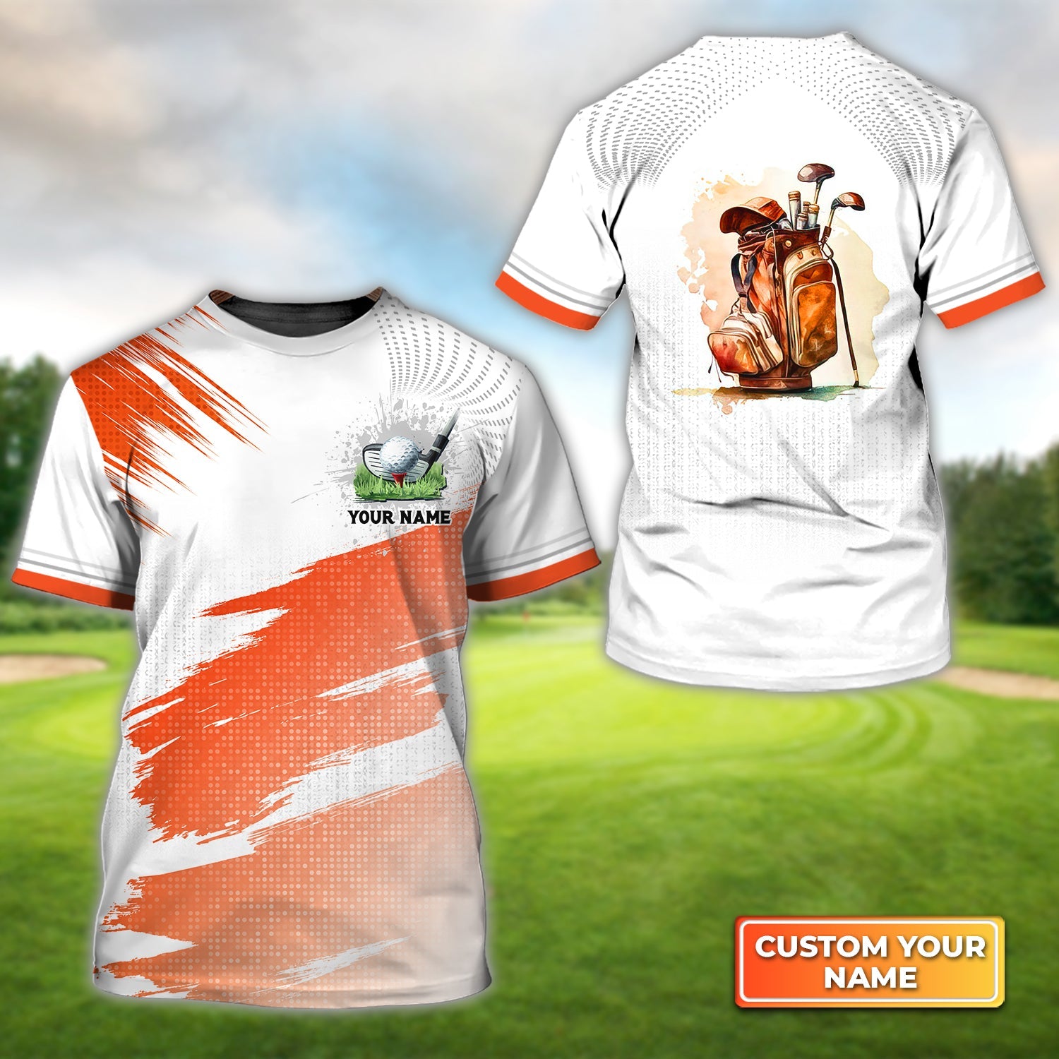 Orange Pattern Vintage Golf Bag, Personalized Name 3D Tshirt Gift For Golfer