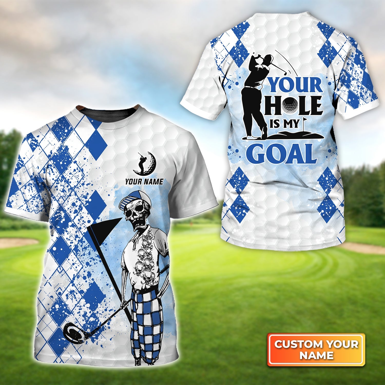 Golf Skull Blue Pattern Your Hole Is My Goal, Personalized Name 3D Tshirt Gift For Golfer