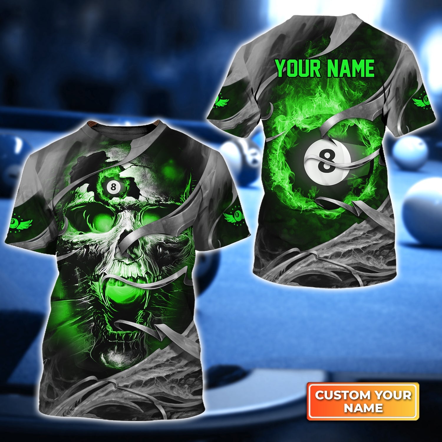 Green Skull Reaper Pool 8 Ball Personalized Name 3D Tshirt Gift For Billiard Players