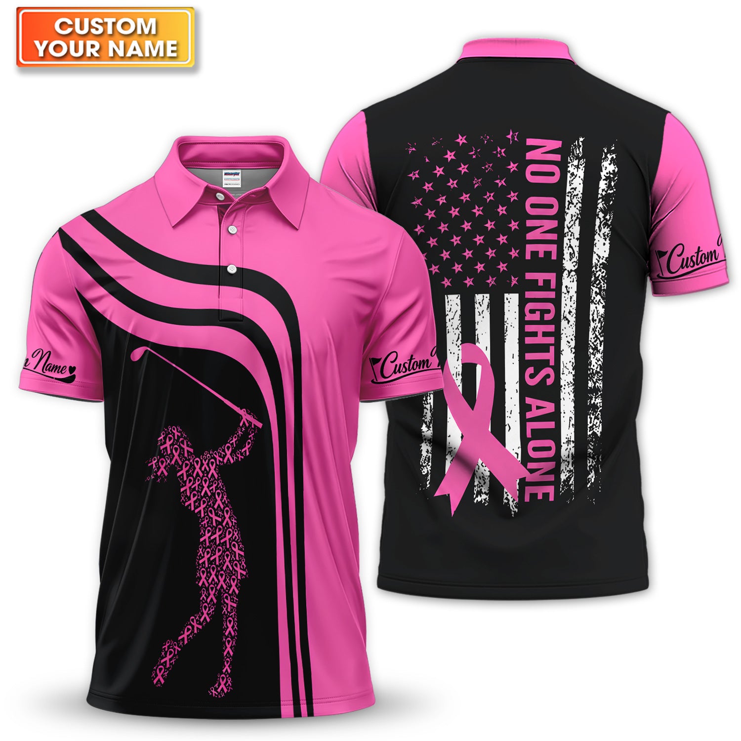 Personalized Breast Cancer Awareness Polo Shirt for Men – No One Fights Alone Support Shirt