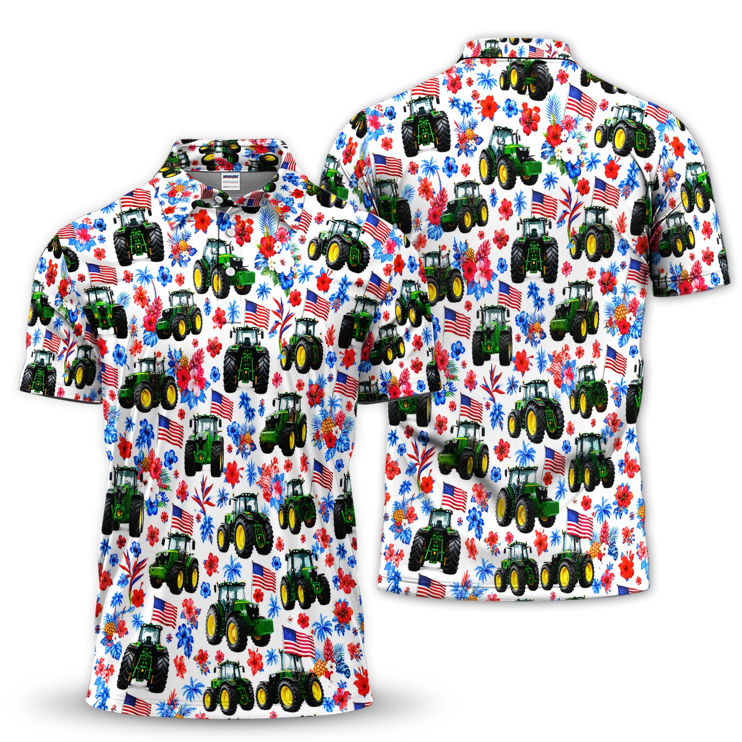 American Tractor Floral Golf Pattern Shirt, USA Flag Farm Golf Shirt For Men, 4th Of July Gift