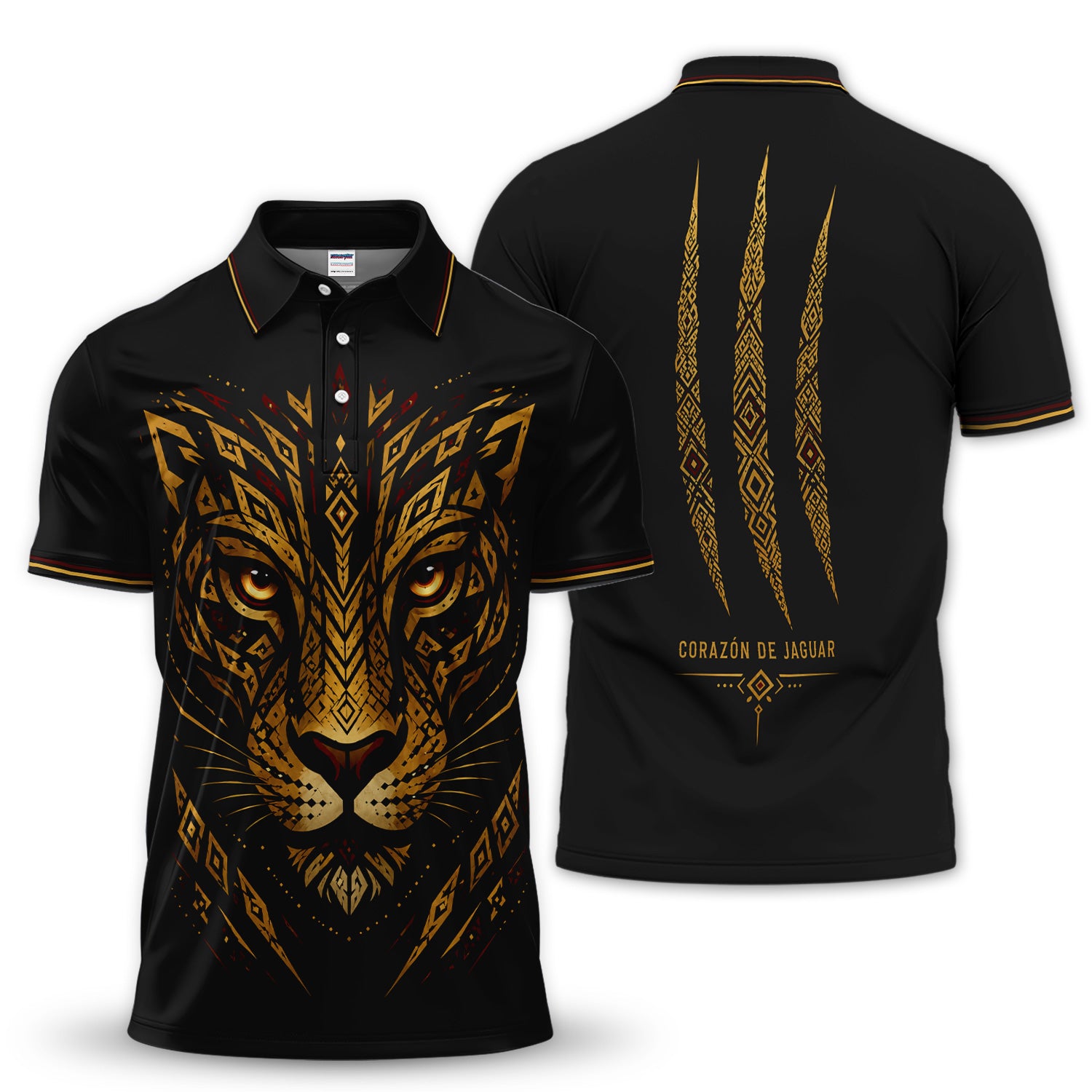 Jaguar Tribal Polo Shirt for Men – Corazón de Jaguar Geometric Mexican Heritage Shirt