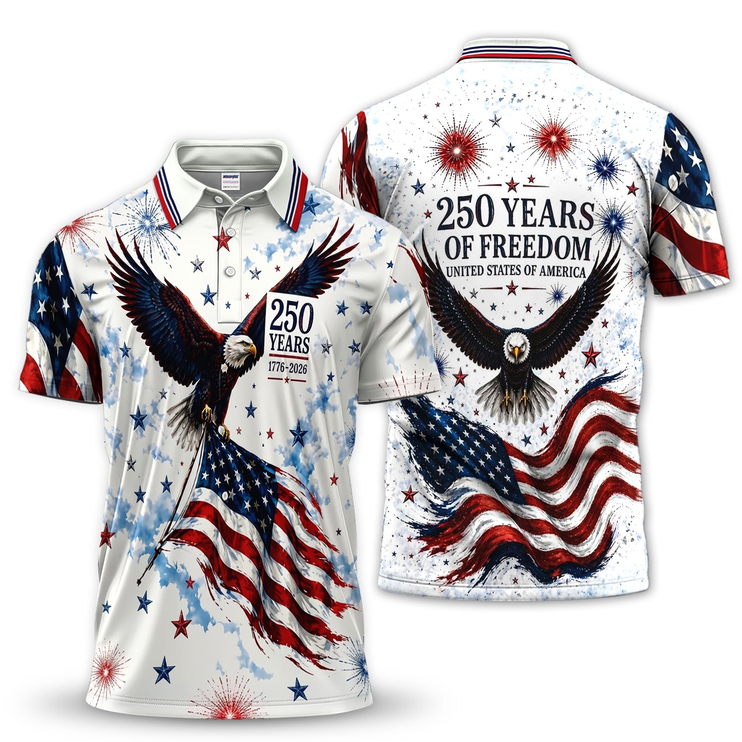 American 250 Years Eagle Golf Pattern Shirt, USA Flag Golf Shirt For Men, Independence Day Gift