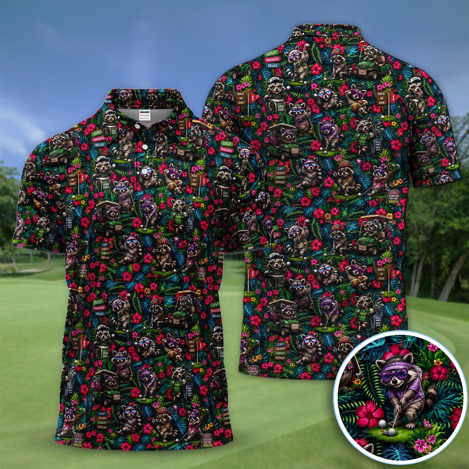 Funny Raccoon Tropical Golf Pattern Shirt, Raccoon Golfer Golf Shirt For Men, Golf Lover Gift