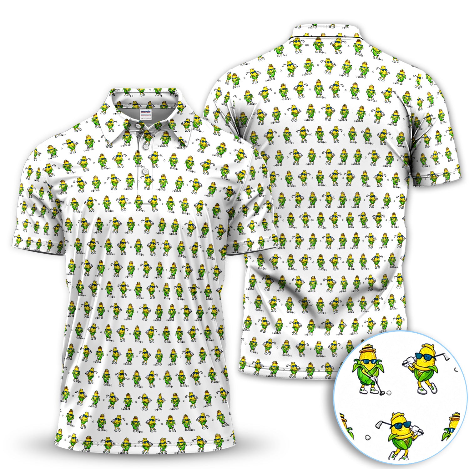 Funny Corn Golfer Pattern Golf Shirt, Cartoon Corn Golf Polo Shirt For Men, Golf Lover Gift